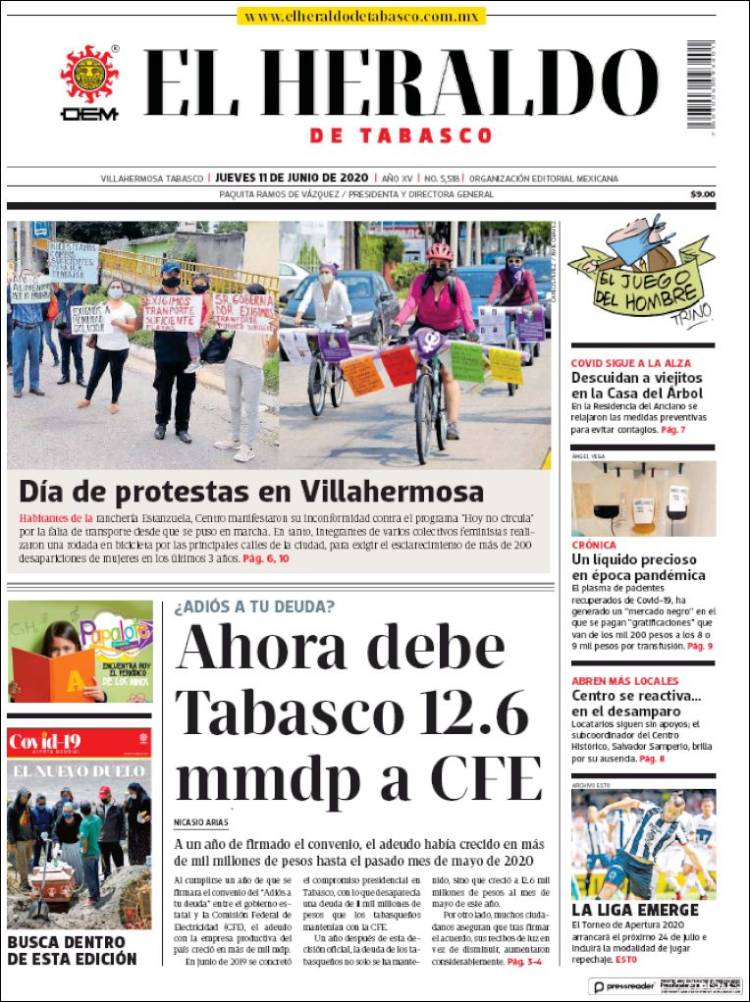 Portada de El Heraldo de Tabasco (México)