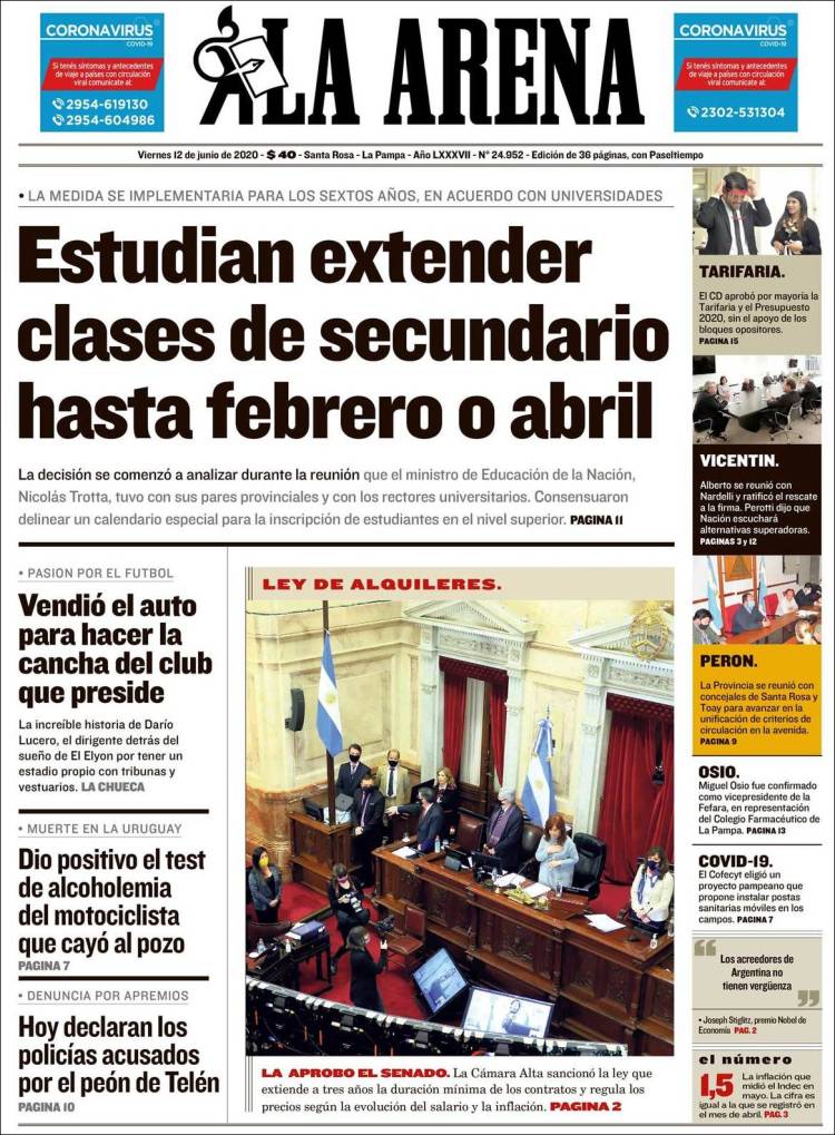 Portada de Diario La Arena (Argentina)