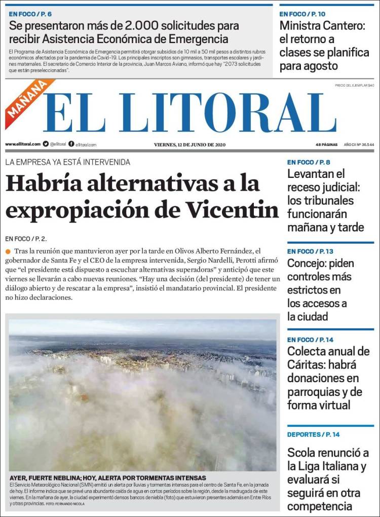 Portada de Diario El Litoral (Argentina)