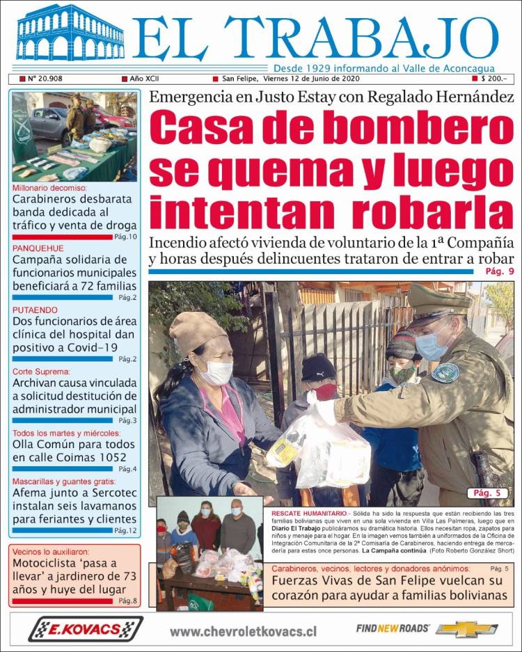 Portada de El Trabajo (Chile)