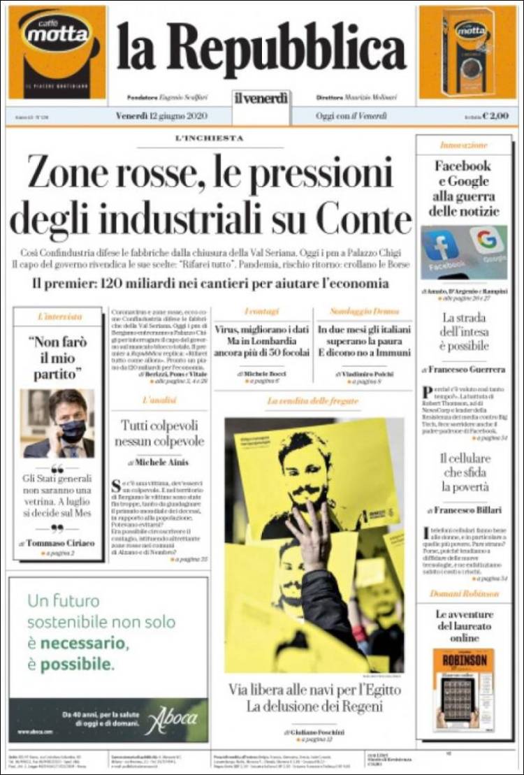 Portada de La Repubblica (Italia)