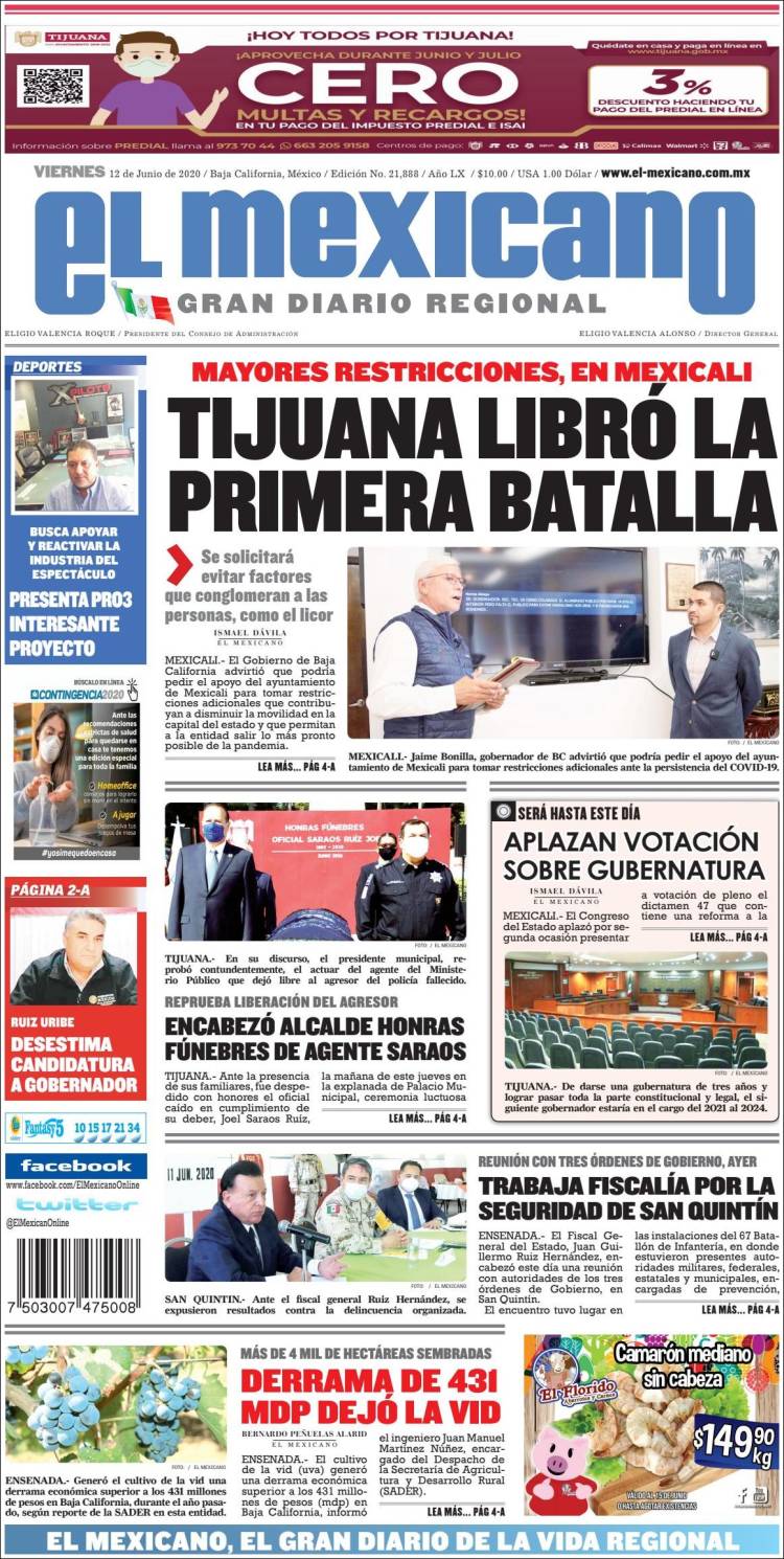 Portada de El Mexicano - El Gran Diario Regional (M&eacute;xico)