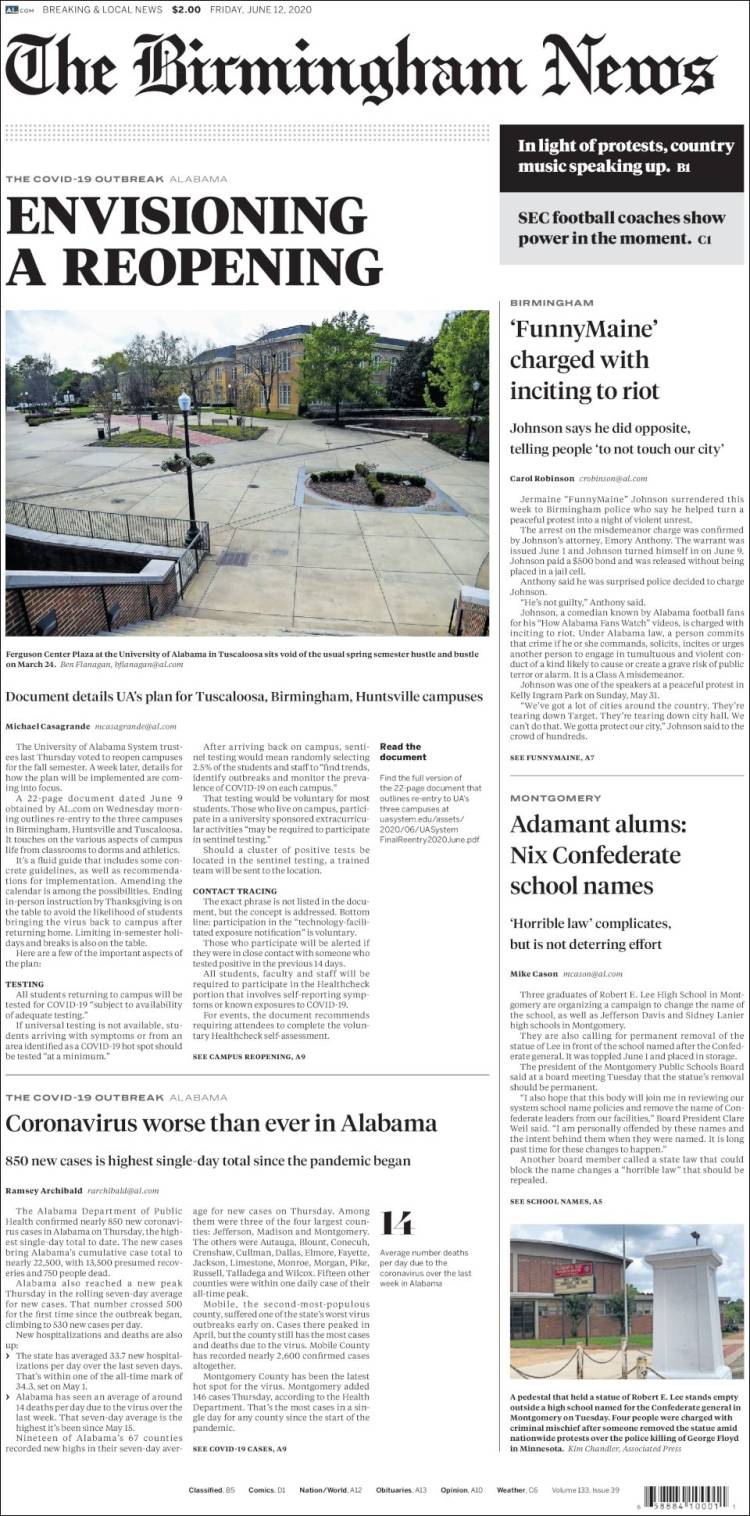 Portada de Birmingham News (USA)