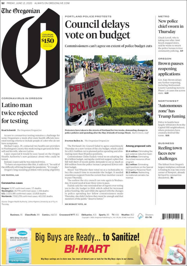 Portada de The Oregonian (USA)