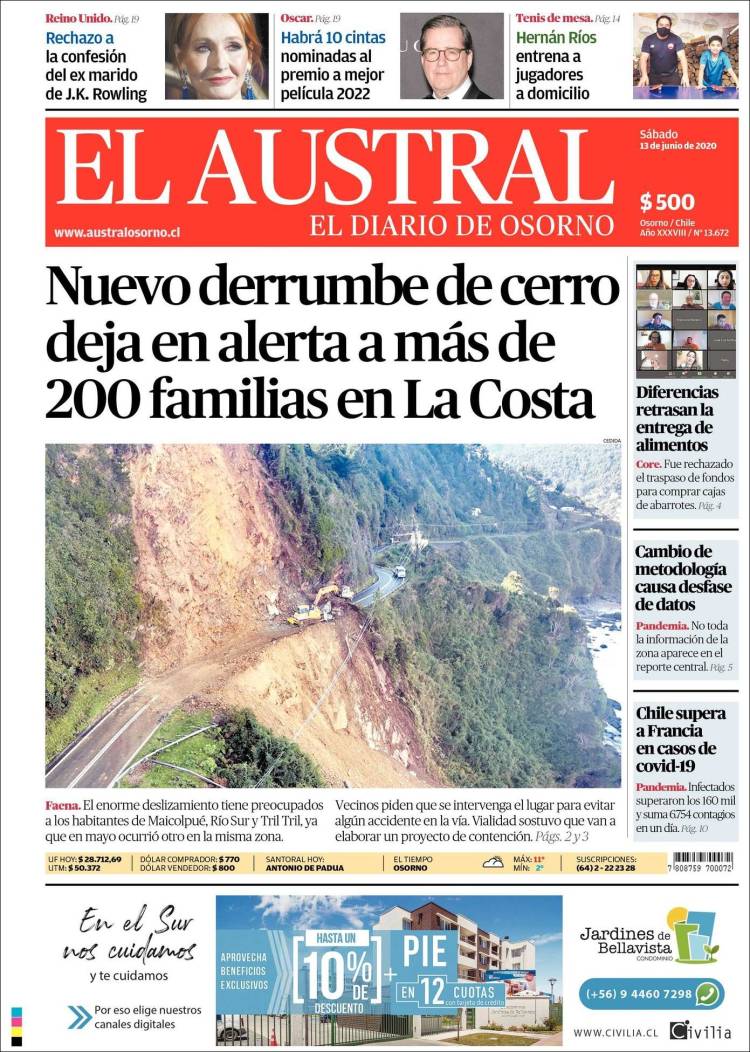 Portada de El Austral de Osorno (Chile)