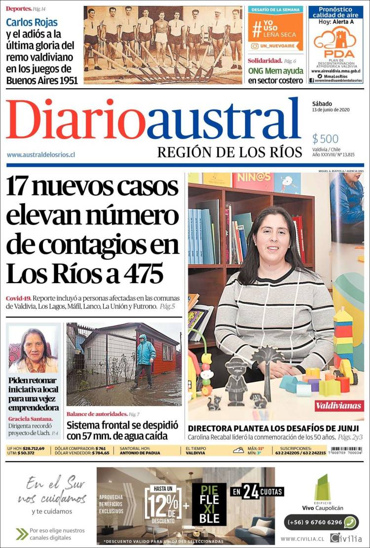 Portada de El Diario Austral de Valdivia (Chile)