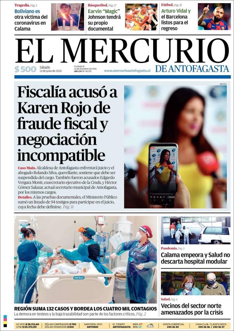 Portada de El Mercurio de Antofagasta (Chile)