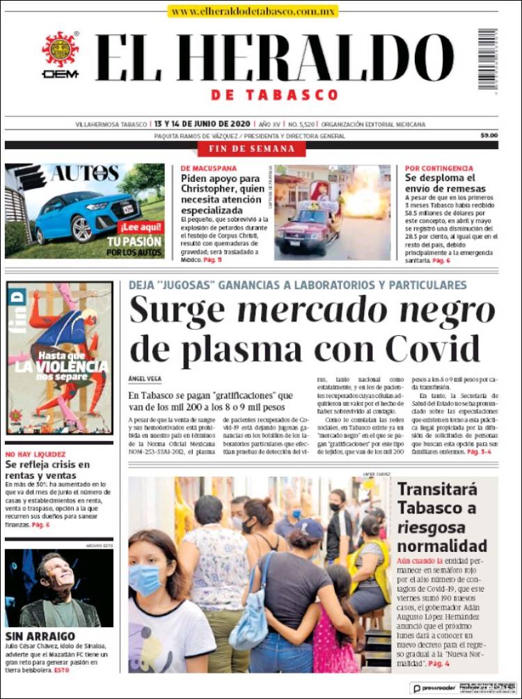 Portada de El Heraldo de Tabasco (México)