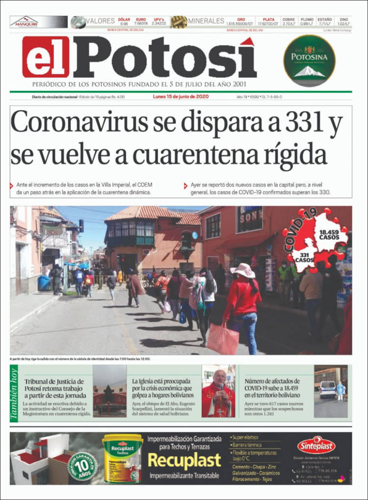 Portada de Diario de Potosí (Bolivia)