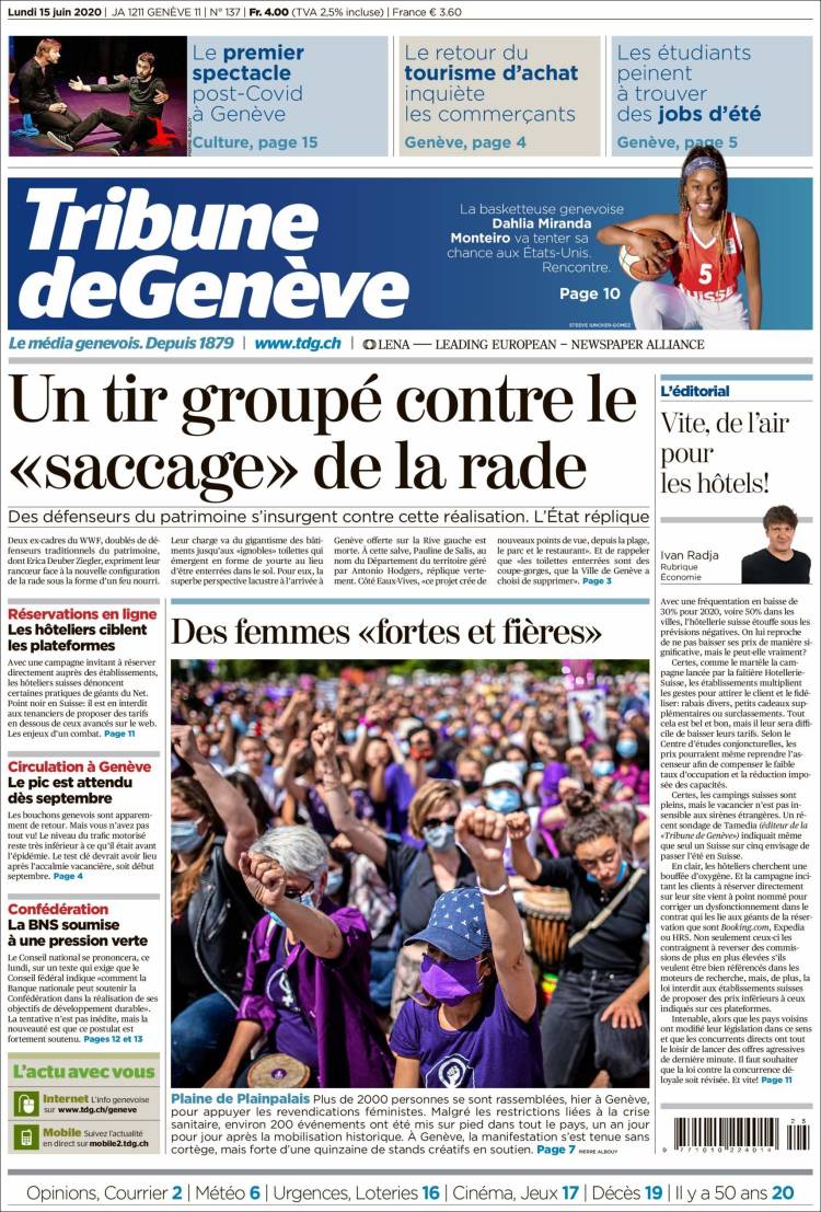 Portada de La Tribune de Genève (Suiza)