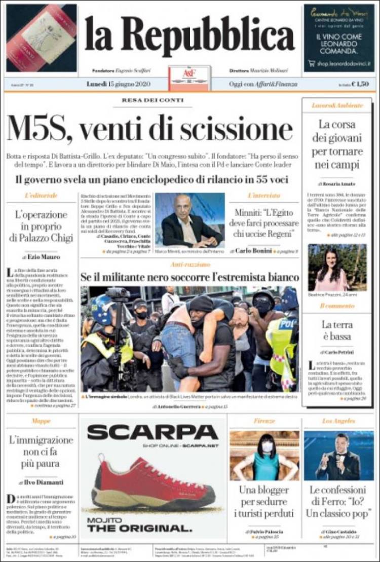 Portada de La Repubblica (Italia)