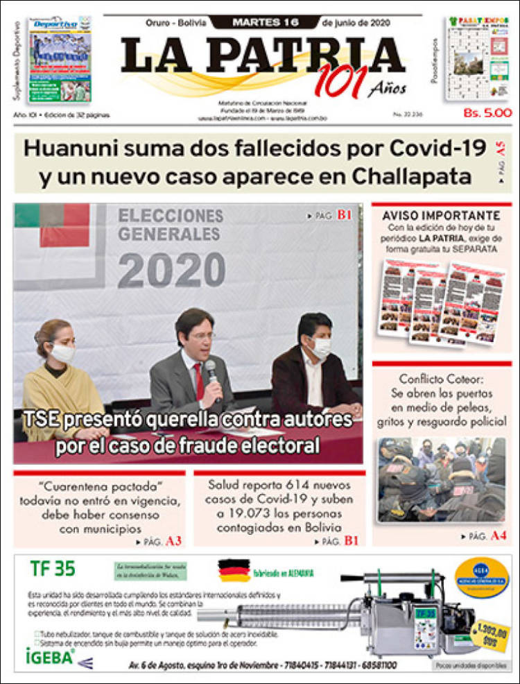 Portada de La Patria (Bolivia)