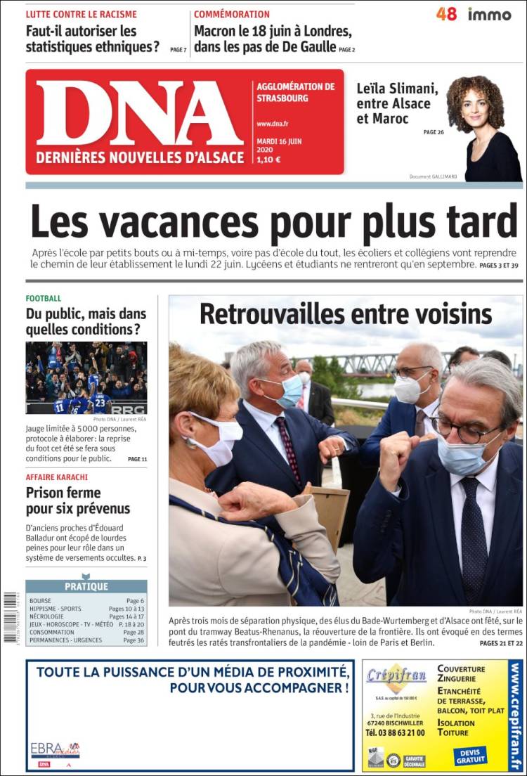 Portada de Les Dernières Nouvelles d'Alsace (Francia)