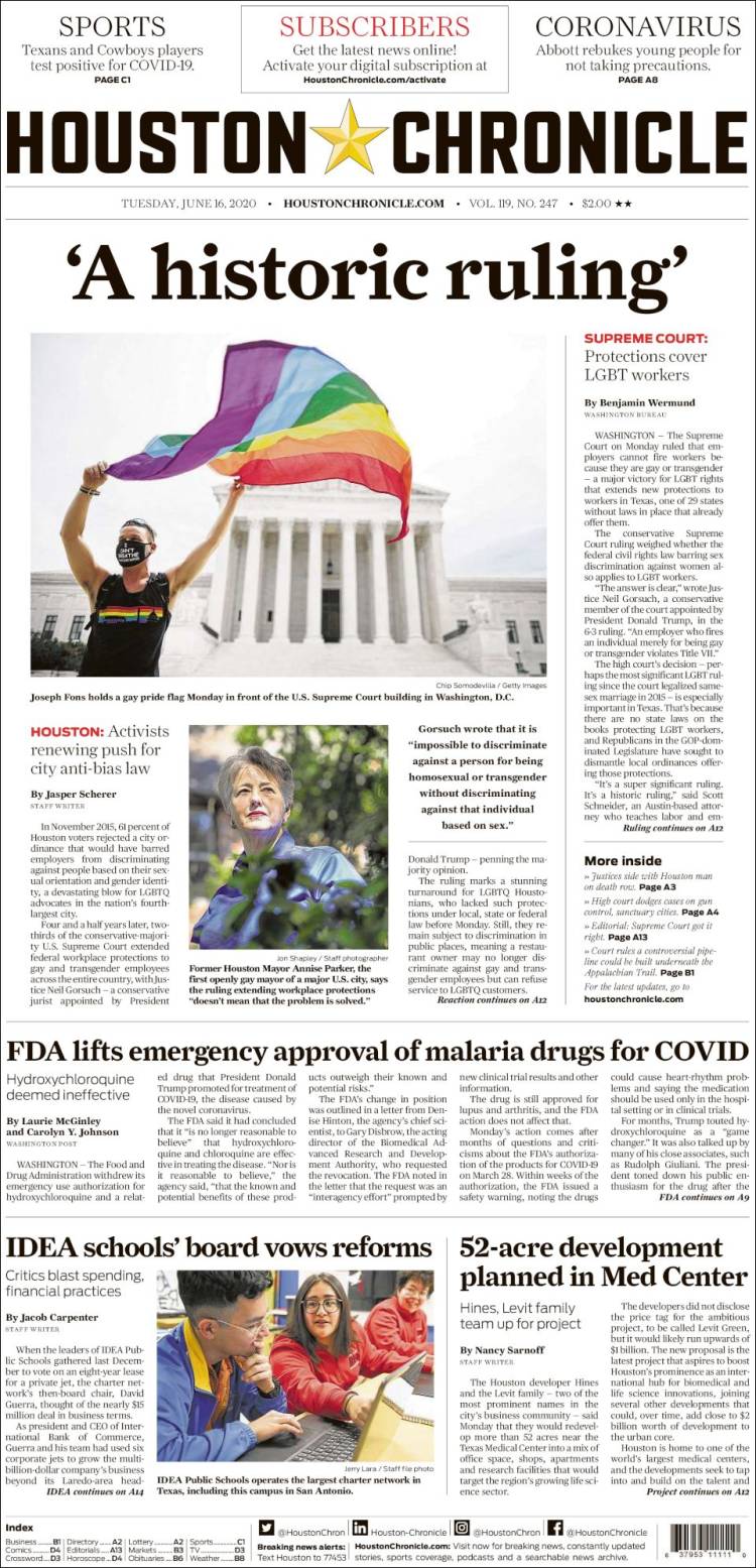 Portada de Houston Chronicle (USA)