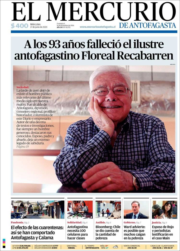 Portada de El Mercurio de Antofagasta (Chile)