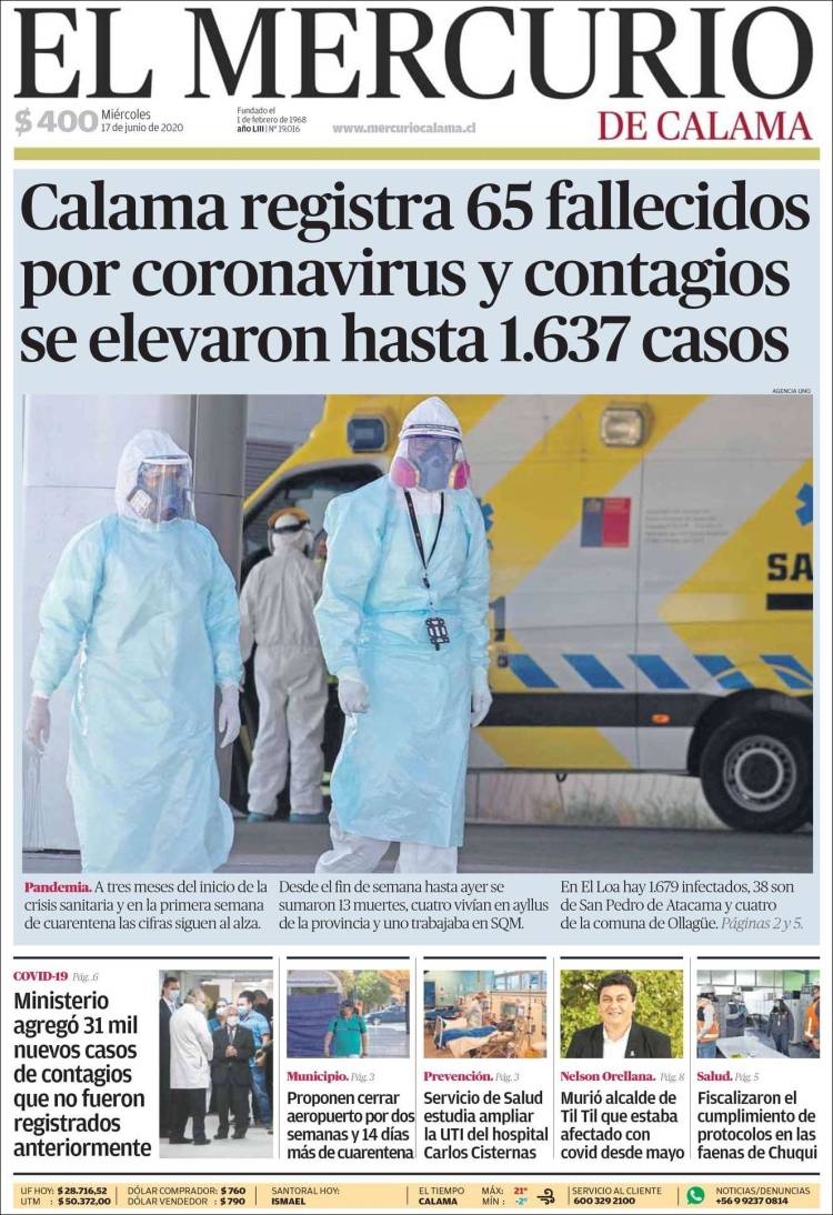 Portada de El Mercurio - Calama (Chile)