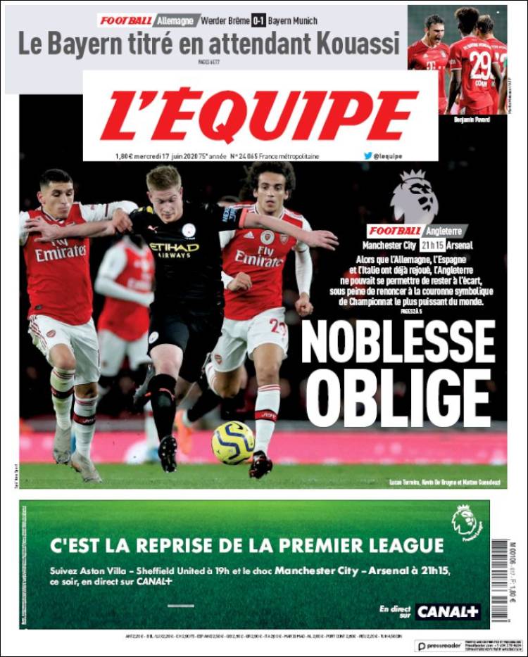 Portada de L'Equipe (Francia)