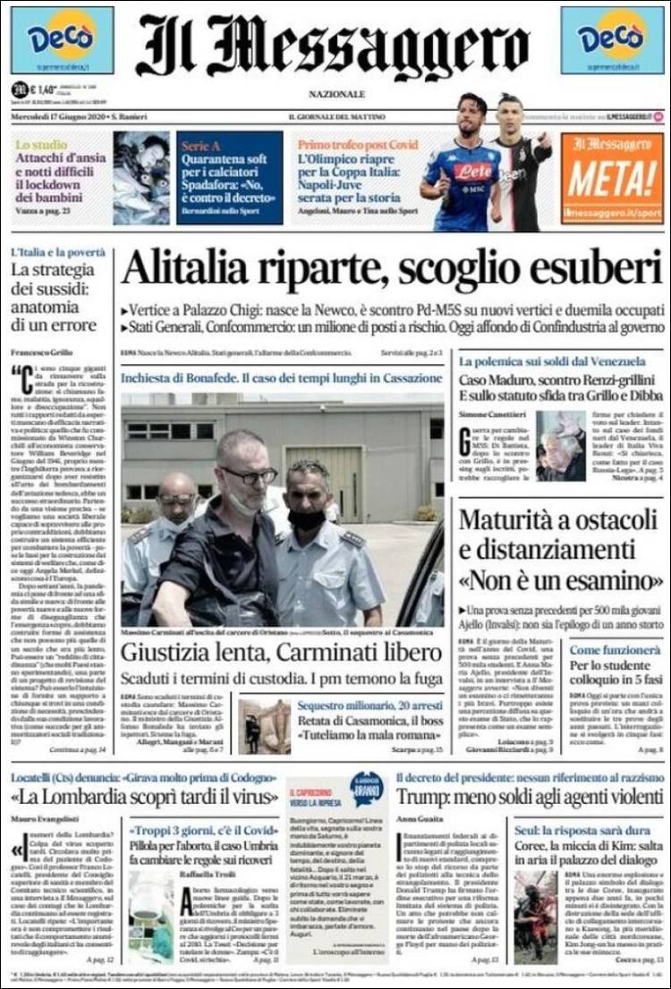 Portada de Il Messaggero (Italia)