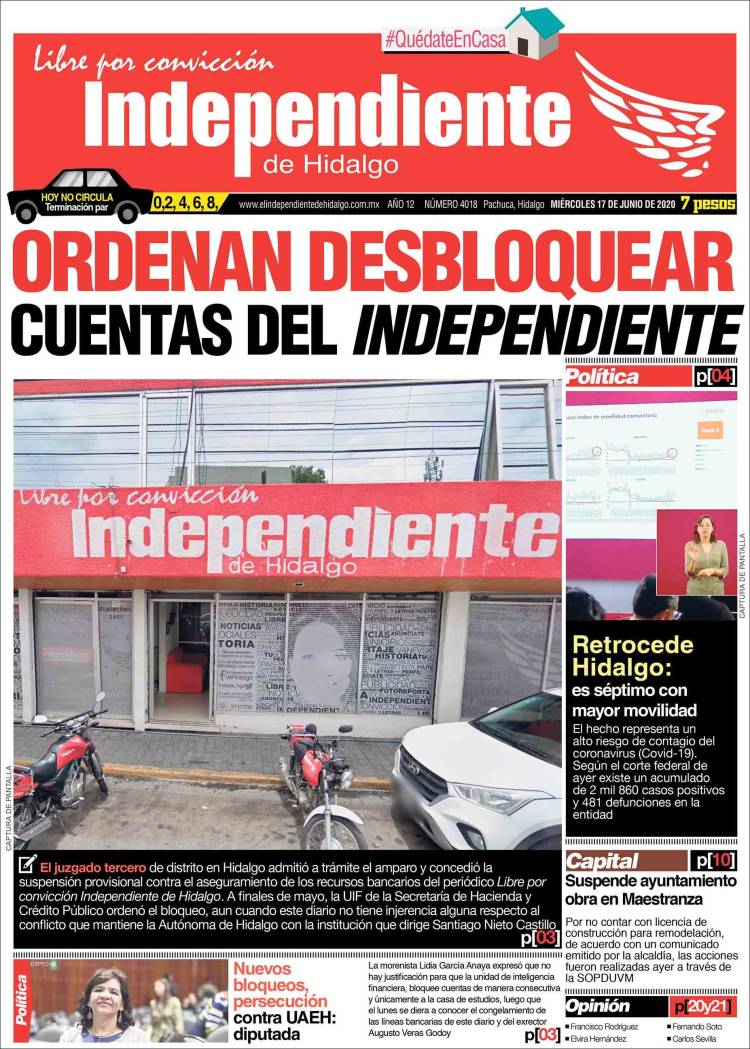Portada de El Independiente de Hidalgo (M&eacute;xico)