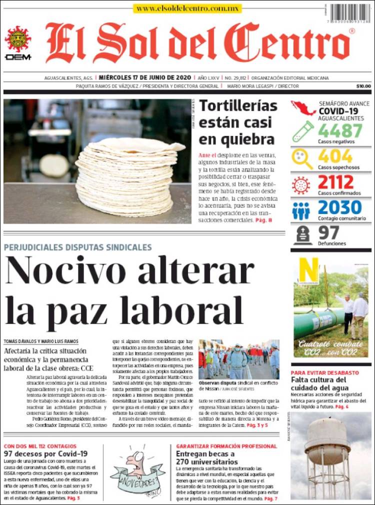 Portada de El Sol del Centro (M&eacute;xico)