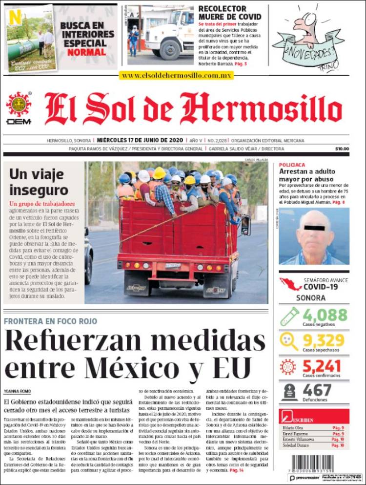 Portada de El Sol de Hermosillo (M&eacute;xico)