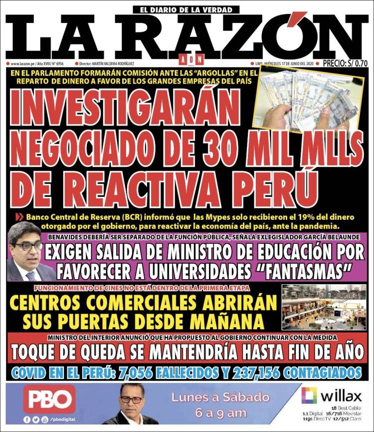 Portada de La Razón (Per&uacute;)