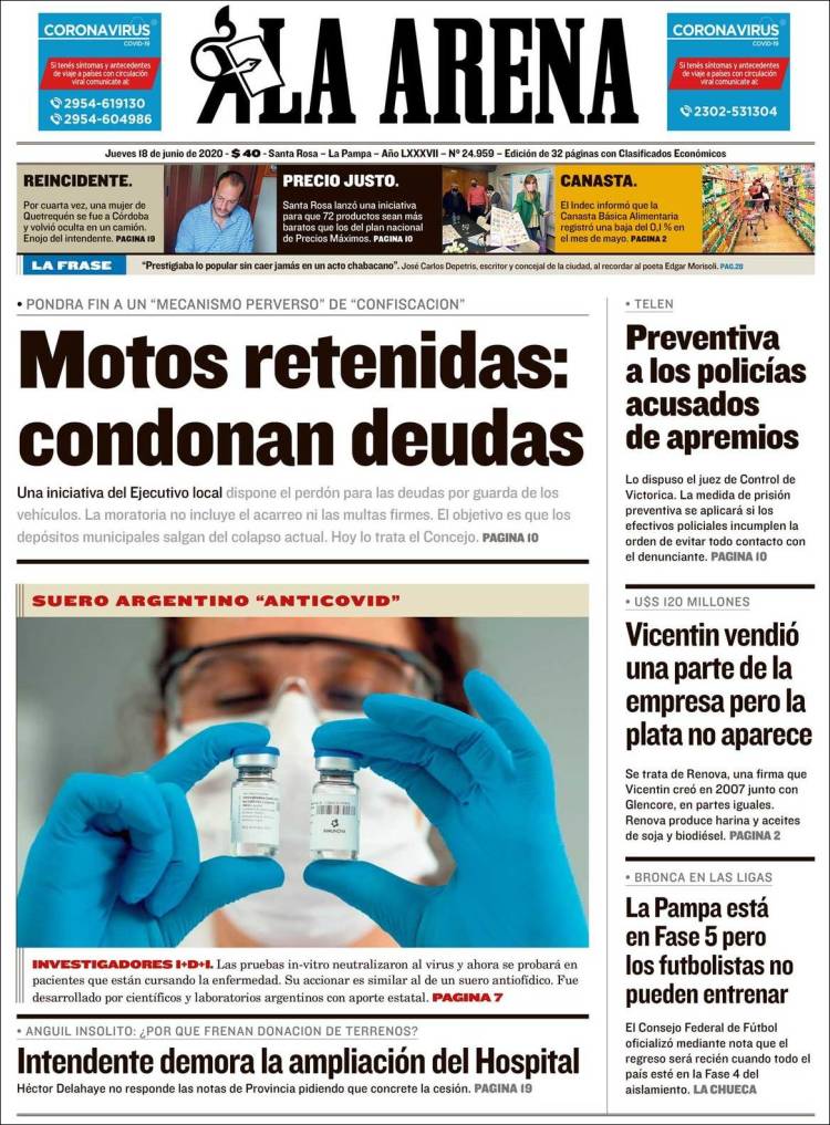 Portada de Diario La Arena (Argentina)