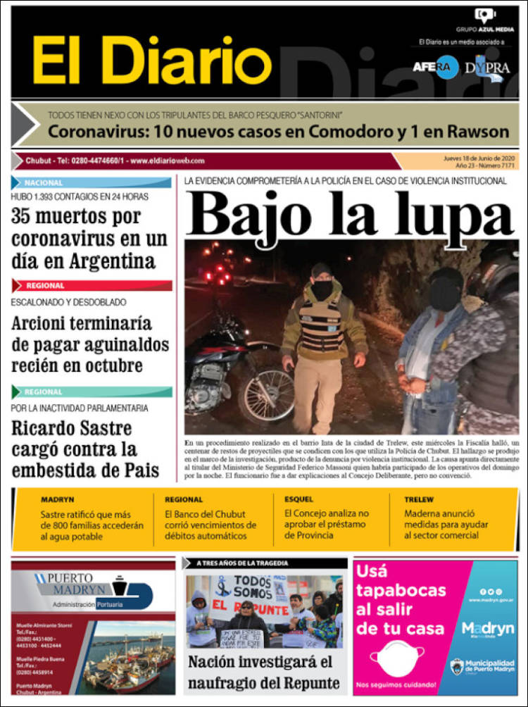 Portada de El Diario de Madryn (Argentina)