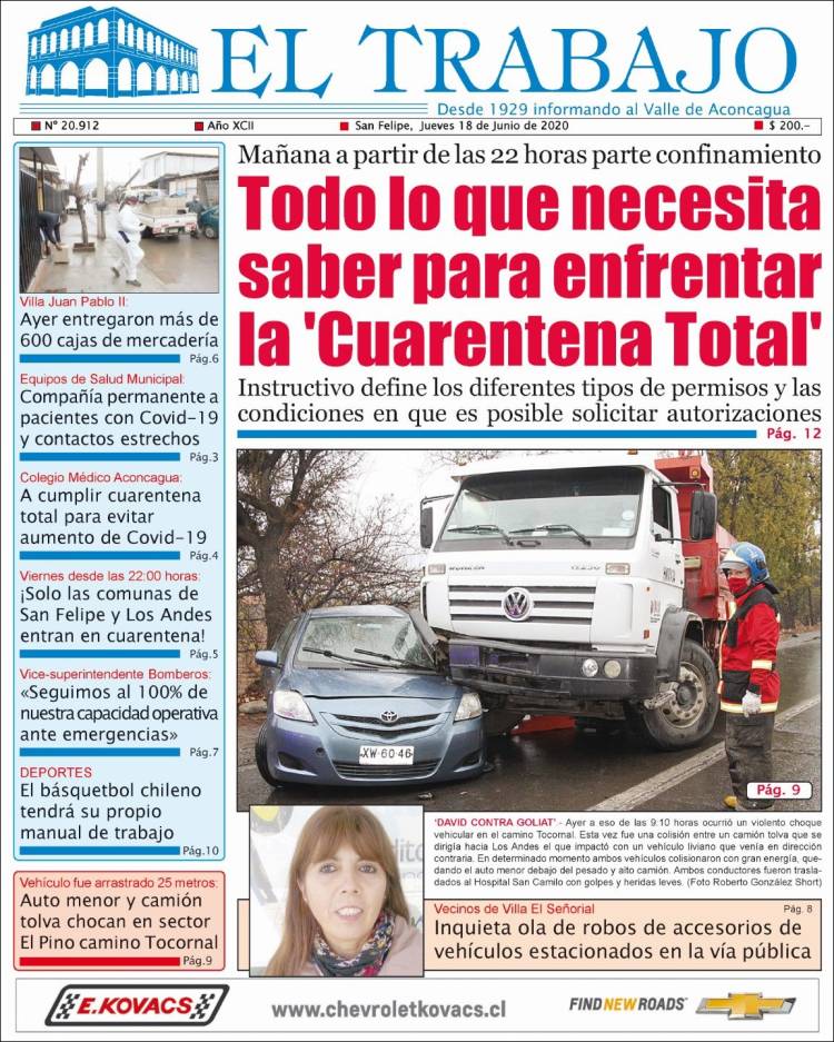 Portada de El Trabajo (Chile)