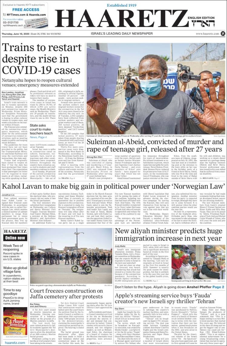 Portada de Haaretz (Israel)