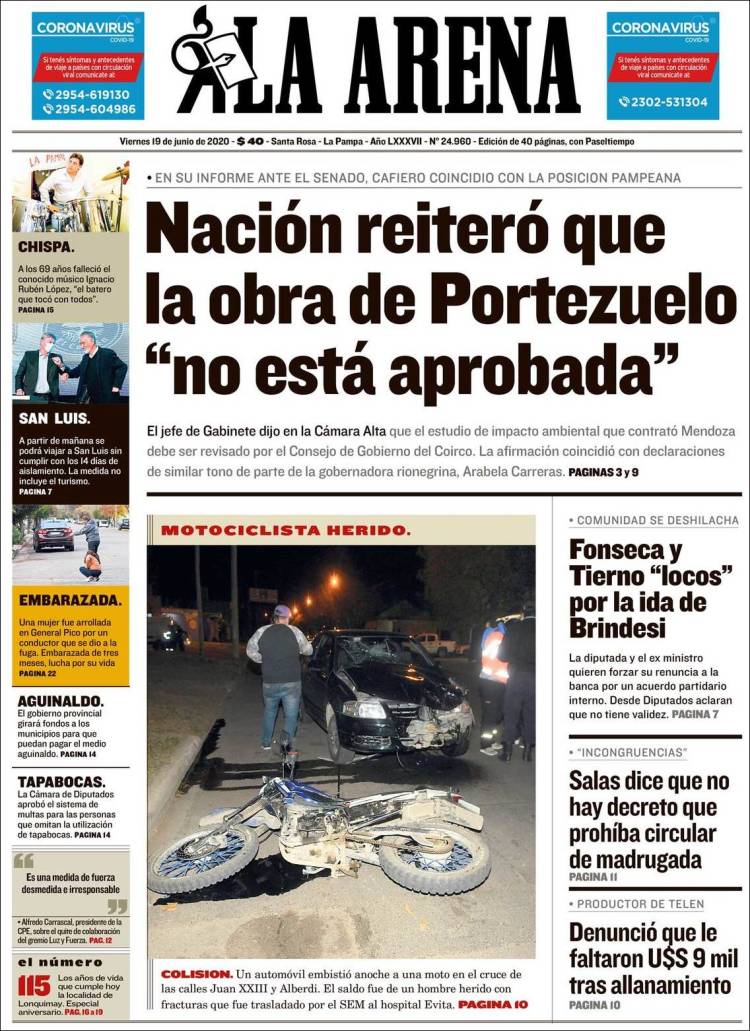 Portada de Diario La Arena (Argentina)