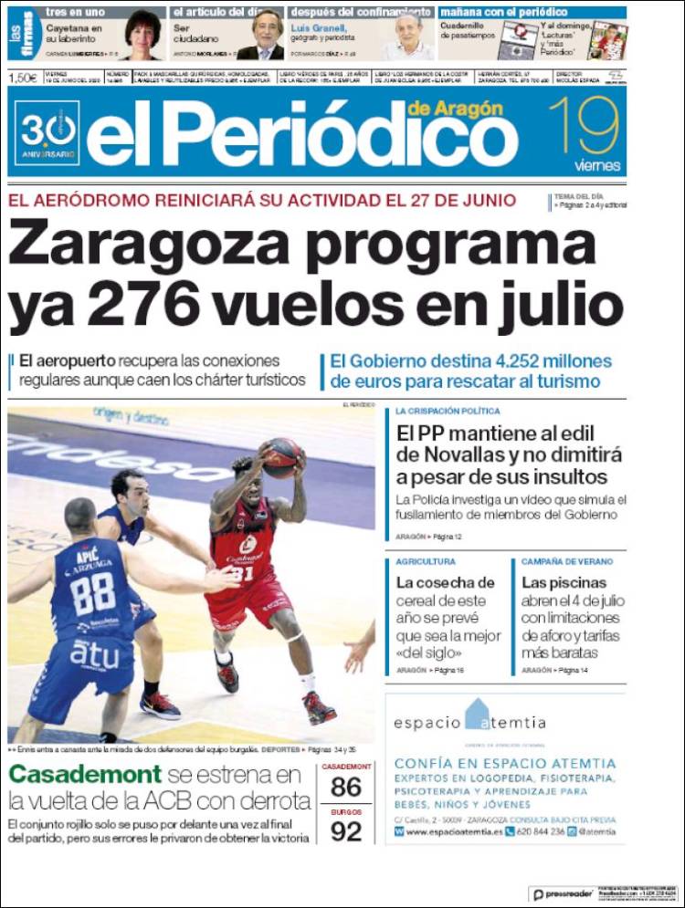 Portada de El Periódico de Aragón (España)