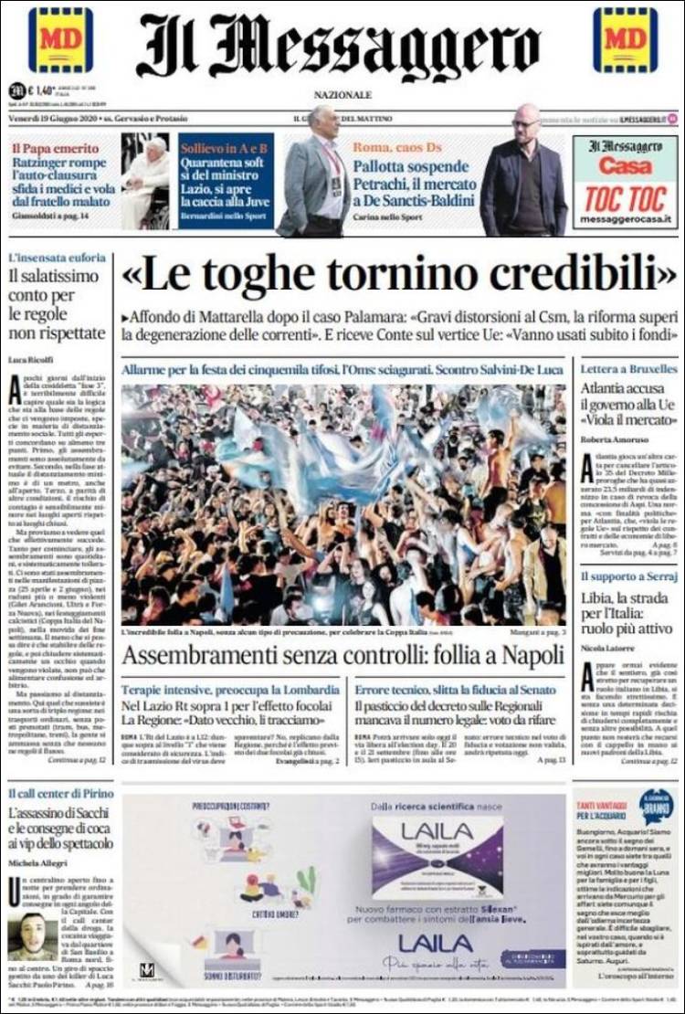 Portada de Il Messaggero (Italia)