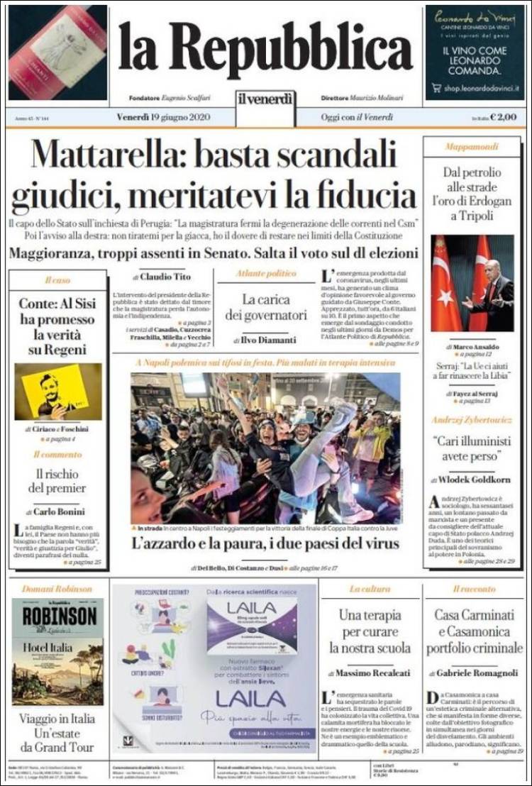 Portada de La Repubblica (Italia)