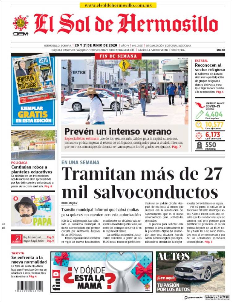 Portada de El Sol de Hermosillo (México)