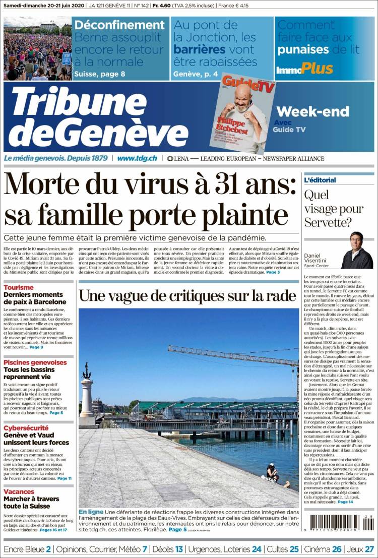 Portada de La Tribune de Genève (Suiza)