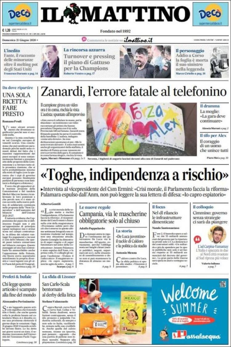 Portada de Il Mattino (Italia)
