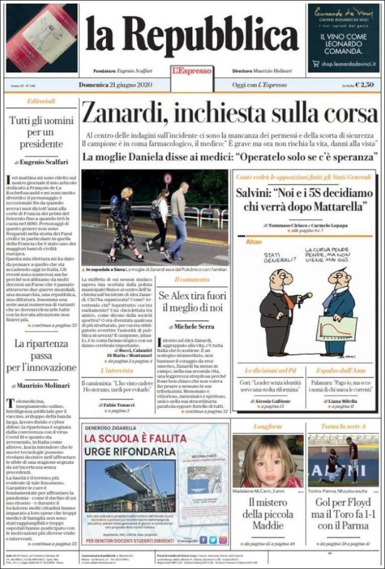 Portada de La Repubblica (Italia)