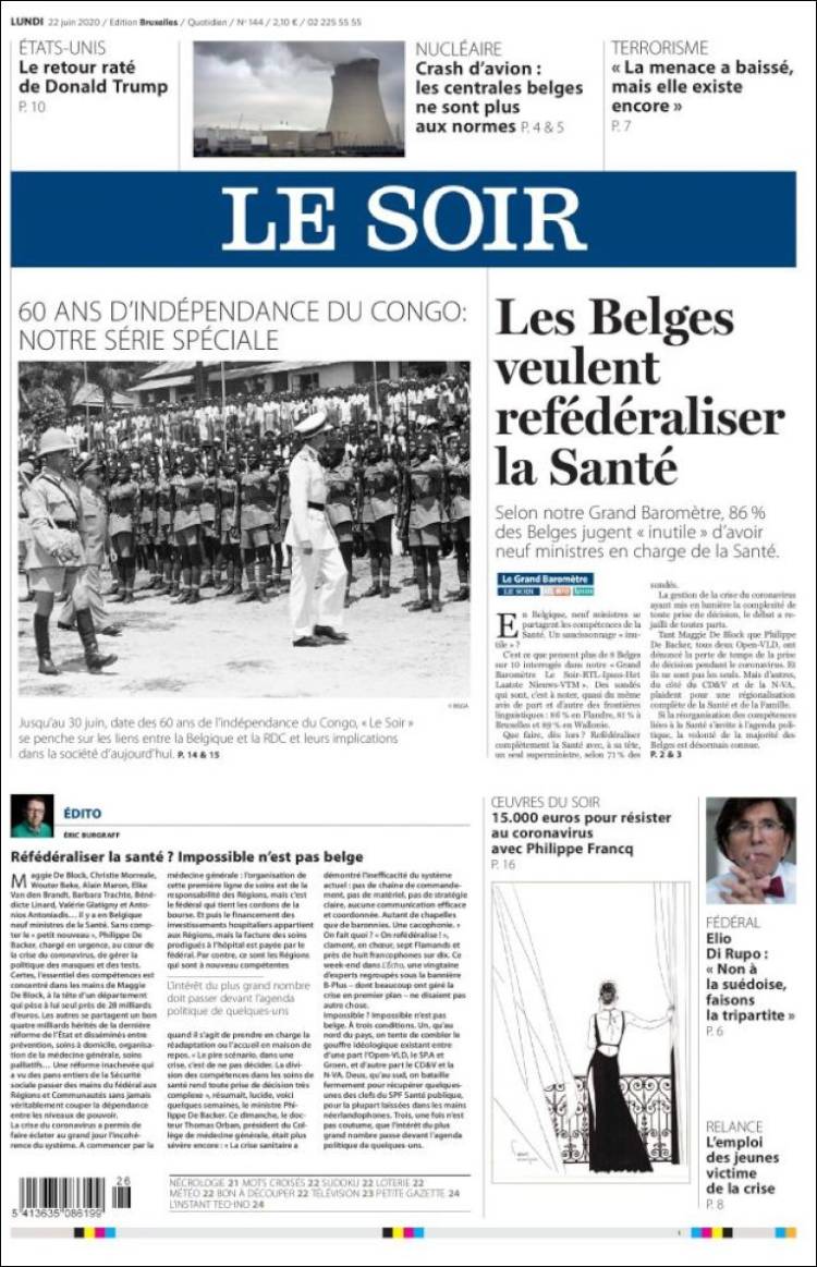 Portada de Le Soir (B&eacute;lgica)
