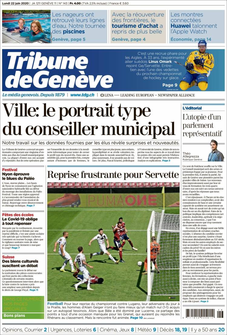 Portada de La Tribune de Genève (Suiza)