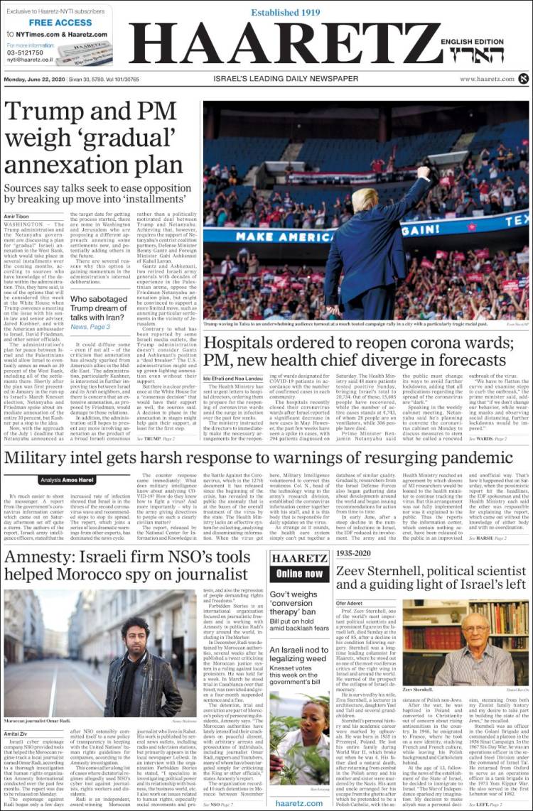 Portada de Haaretz (Israel)