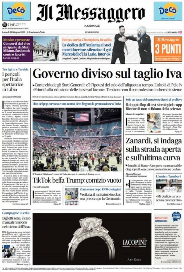 Portada de Il Messaggero (Italia)