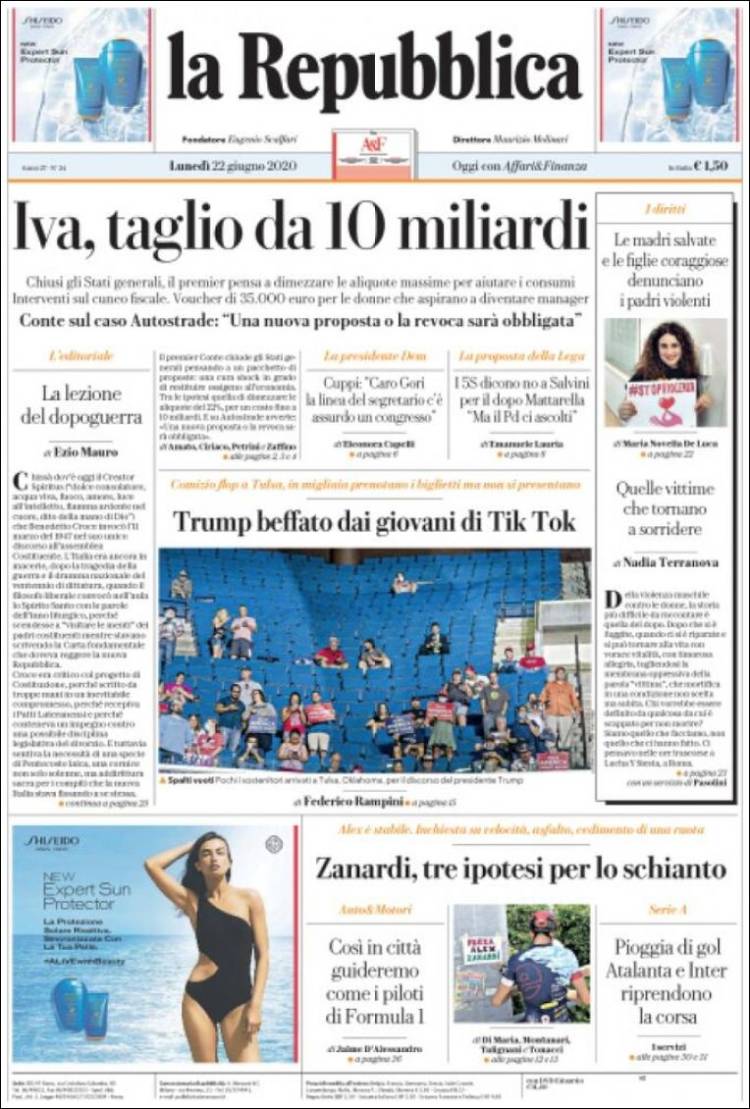 Portada de La Repubblica (Italia)