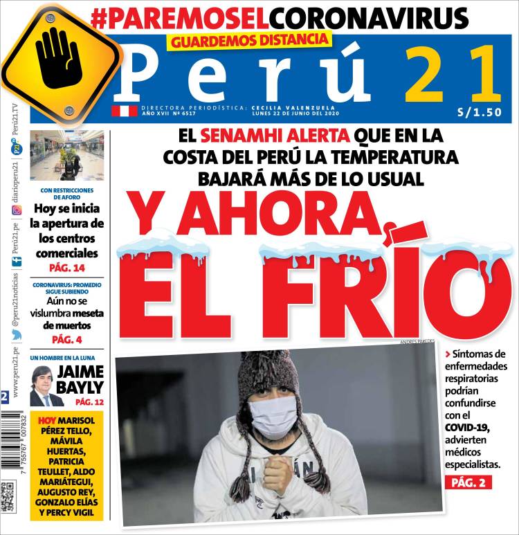 Periódico Perú 21 (Perú). Periódicos de Perú. Edición de lunes, 22 de