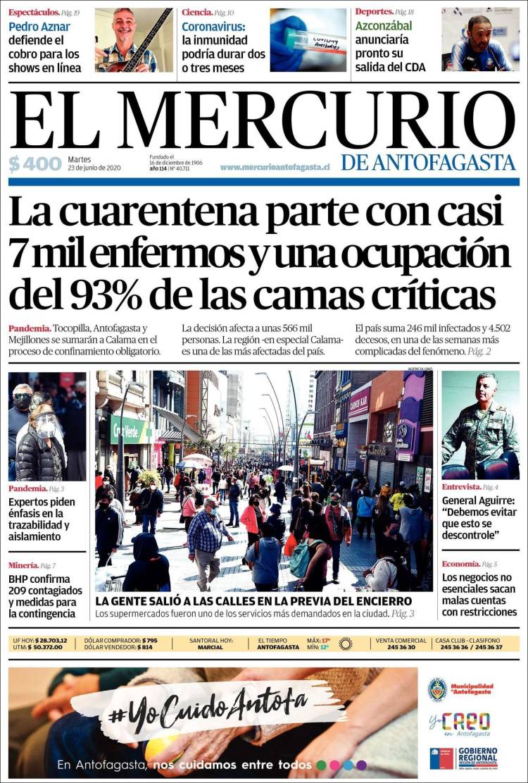 Portada de El Mercurio de Antofagasta (Chile)