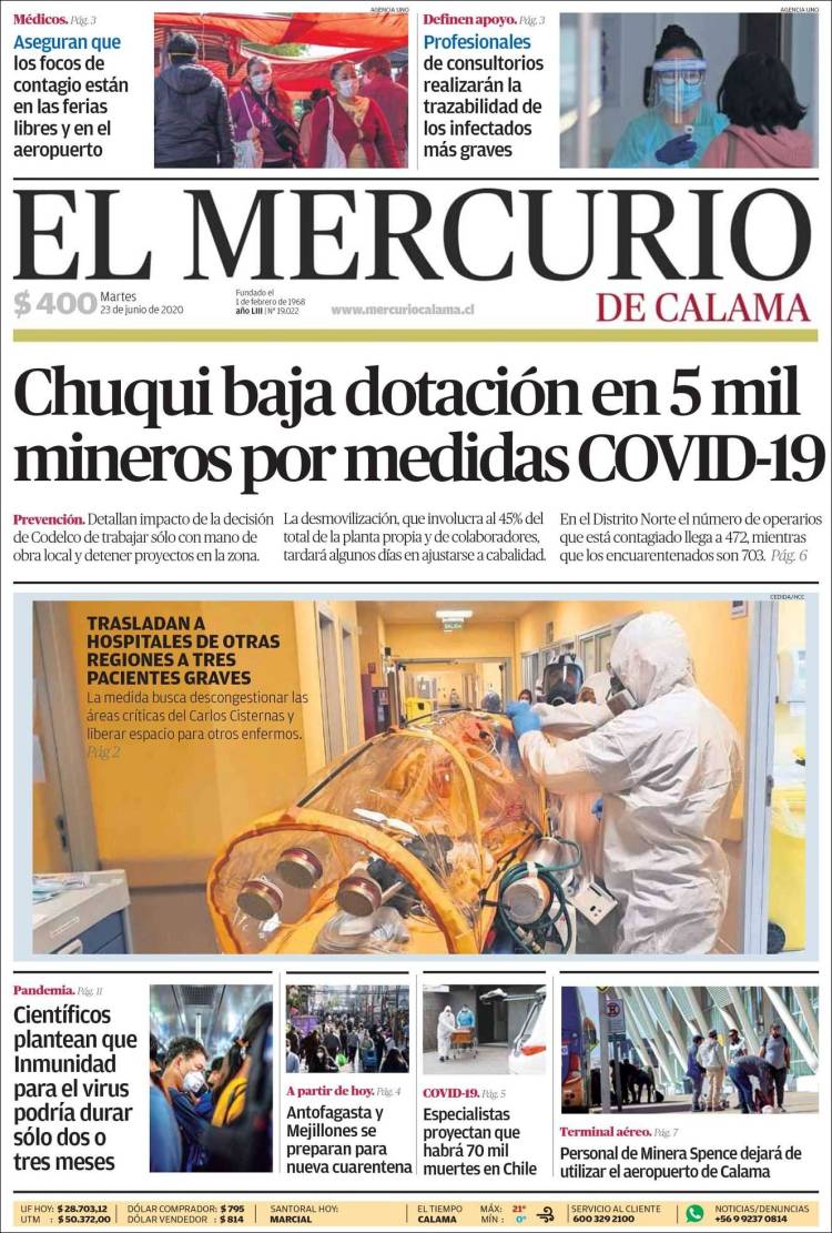 Portada de El Mercurio - Calama (Chile)