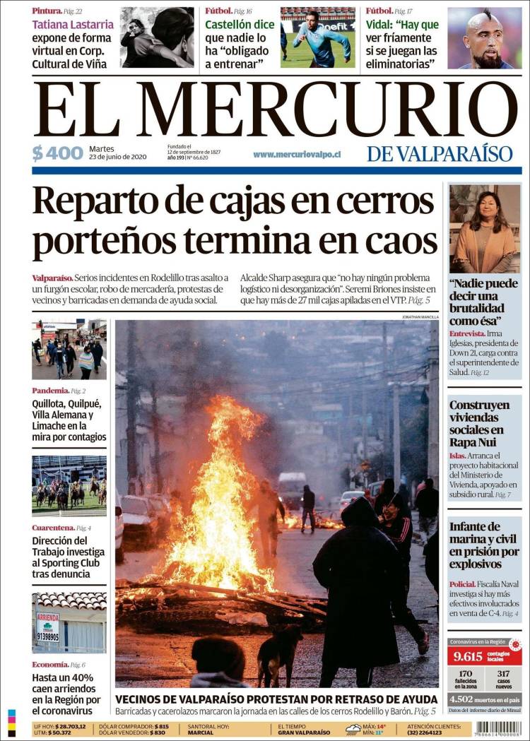 Portada de Mercurio de Valparaiso (Chile)