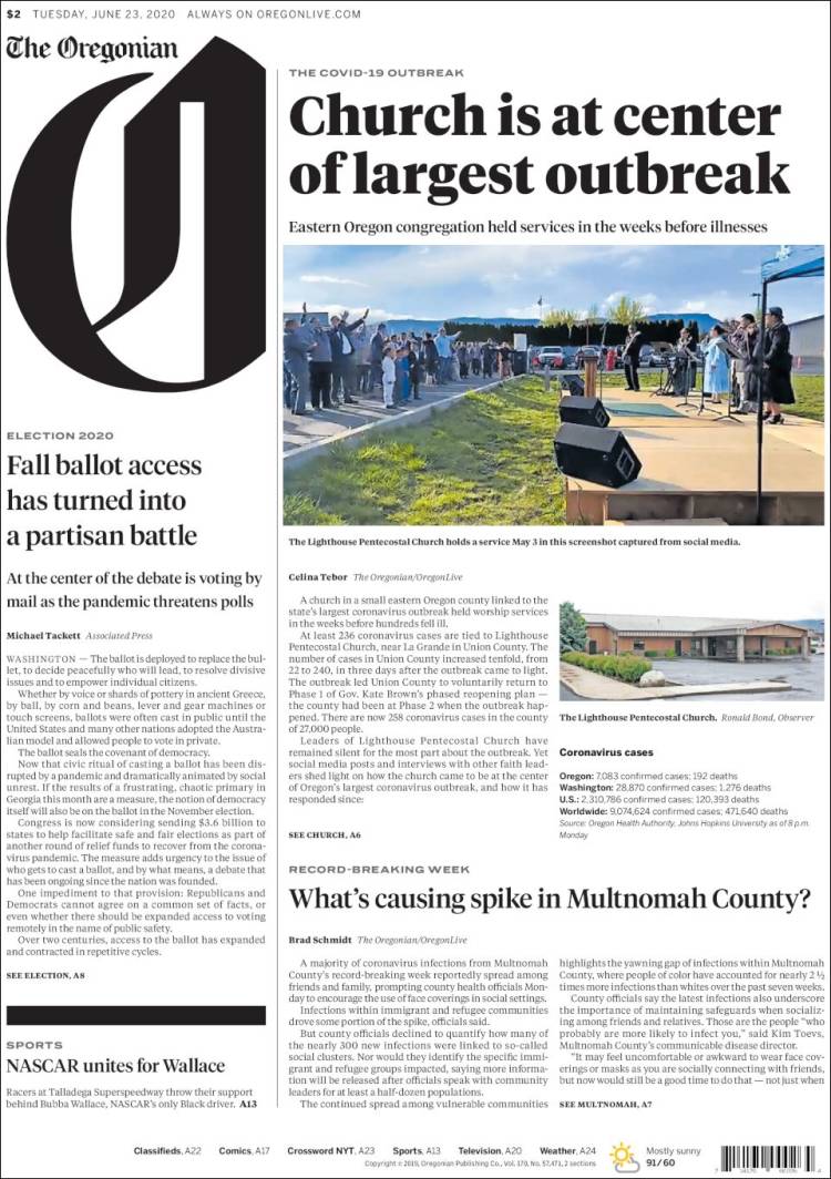 Portada de The Oregonian (USA)