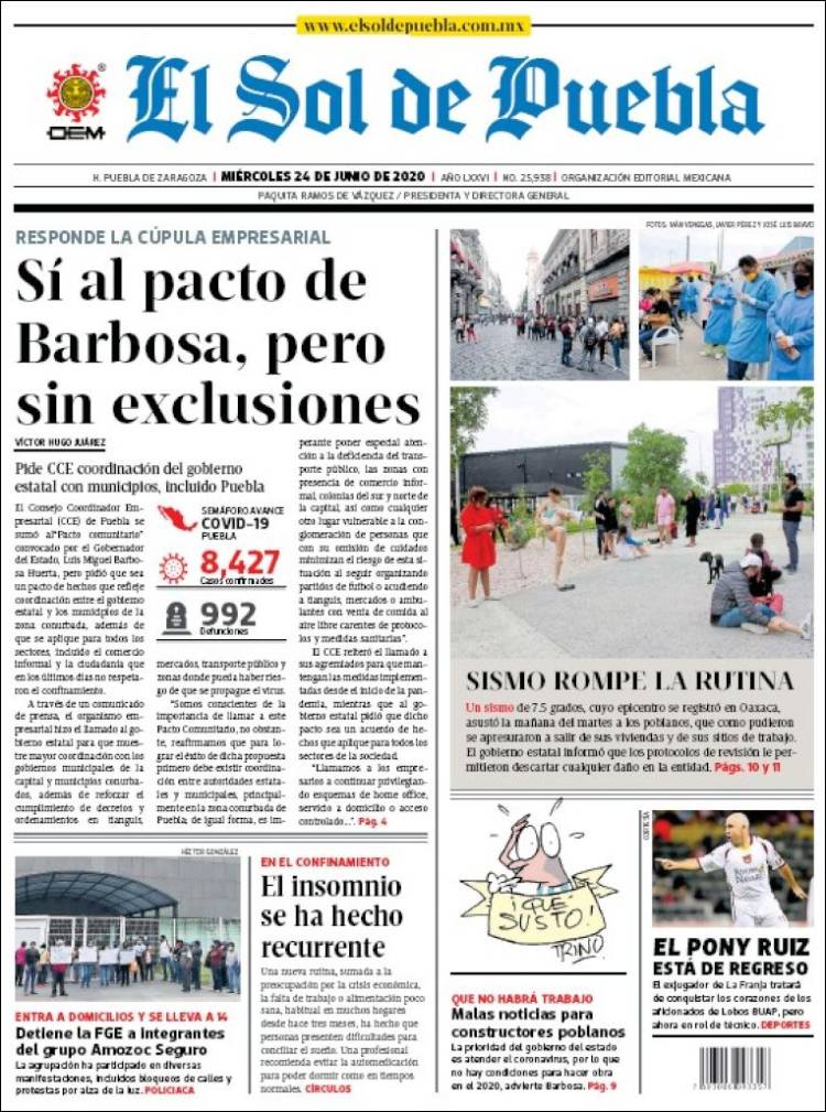 Portada de El Sol de Puebla (M&eacute;xico)