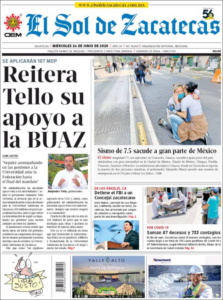 Portada de El Sol de Zacatecas (M&eacute;xico)